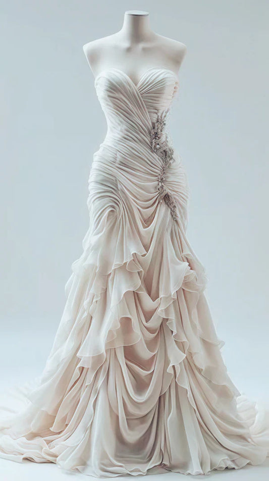 Elegant Mermaid Sweetheart Neck Beaded Ruffle Ivory Chiffon Prom Dress Evening Dress SH2417