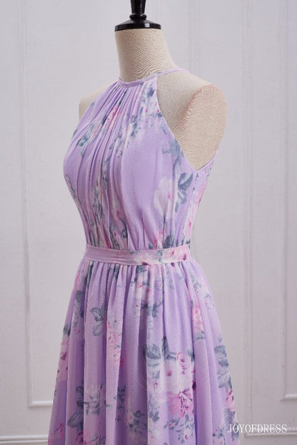 Light Purple Floral Print  Halter Long Bridesmaid Dress
