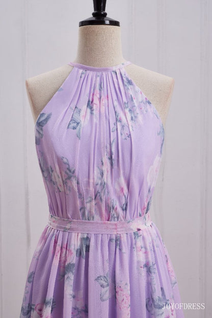 Light Purple Floral Print  Halter Long Bridesmaid Dress