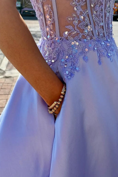 Lilac Satin A-Line Sweetheart Strapless Appliques Party Prom Dress