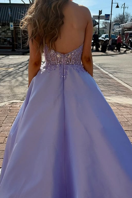 Lilac Satin A-Line Sweetheart Strapless Appliques Party Prom Dress
