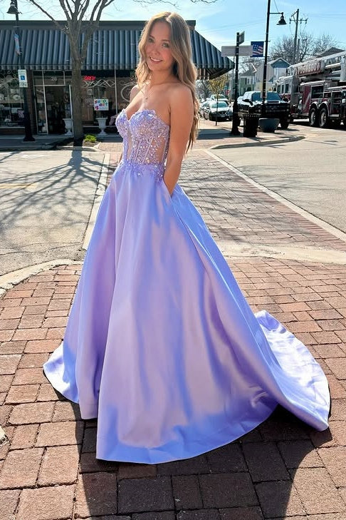 Lilac Satin A-Line Sweetheart Strapless Appliques Party Prom Dress