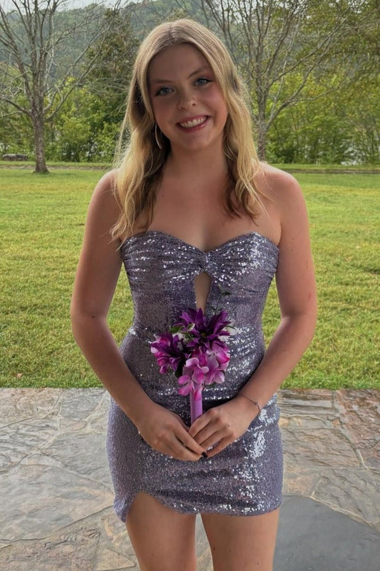 Lilac Sequins Sweetheart Strapless Bodycon Homecoming Dress