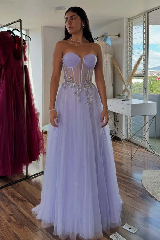 Lilac Sweetheart Sleeveless Tulle A-Line Party Prom Dress