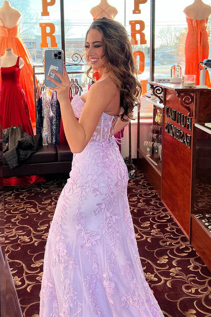 Lilac Sweetheart Strapless Lace Appliques Mermaid Party Prom Dress