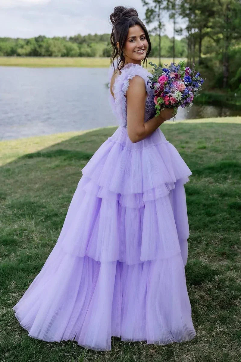 Lilac Tulle A-Line Sleeveless Tiered Party Prom Dress