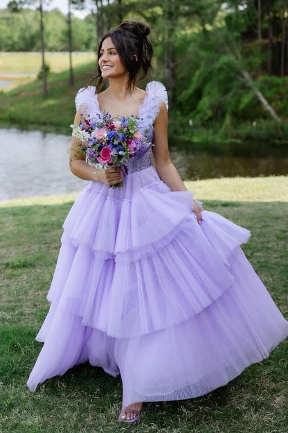 Lilac Tulle A-Line Sleeveless Tiered Party Prom Dress