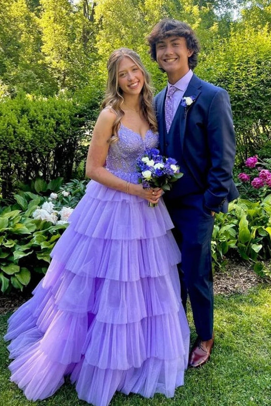 Lilac Tulle A-Line Sweetheart Sleeveless Appliques Tiered Party Prom Dress