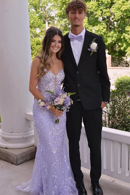 Lilac V-Neck Spaghetti Straps Mermaid Lace Party Prom Dress