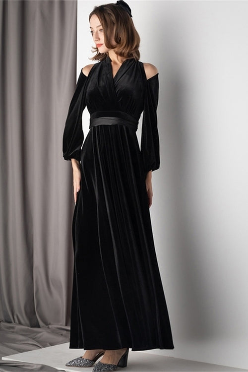 Long Sleeves Black Velvet A-Line Party Prom Dress