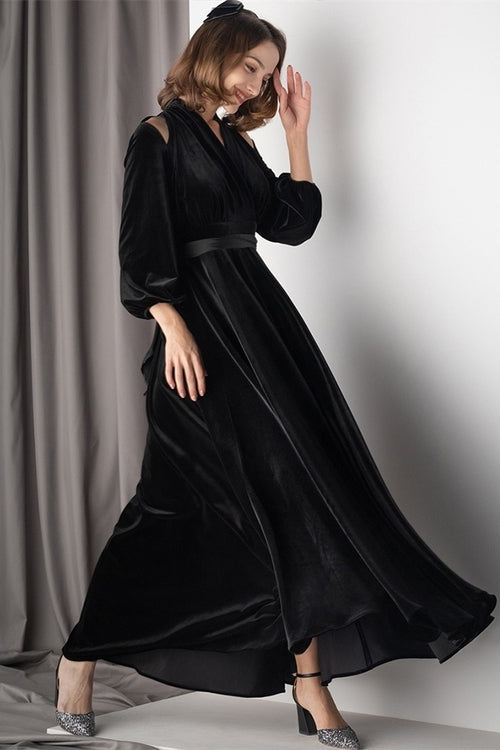 Long Sleeves Black Velvet A-Line Party Prom Dress
