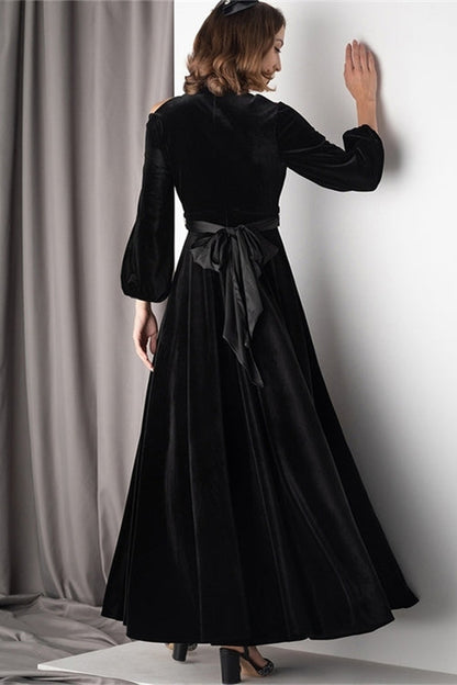Long Sleeves Black Velvet A-Line Party Prom Dress