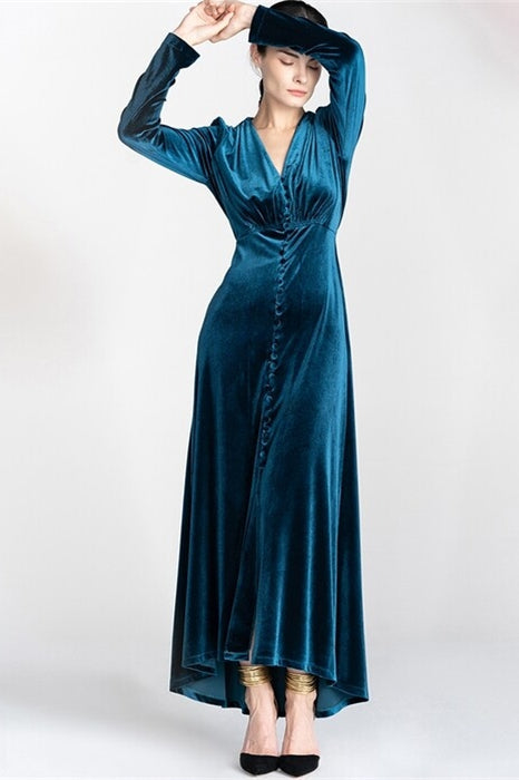 V-Neck Long Sleeves Empire A-Line Blue Velvet Party Prom Dress