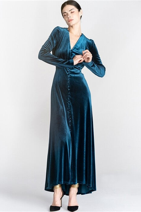 V-Neck Long Sleeves Empire A-Line Blue Velvet Party Prom Dress
