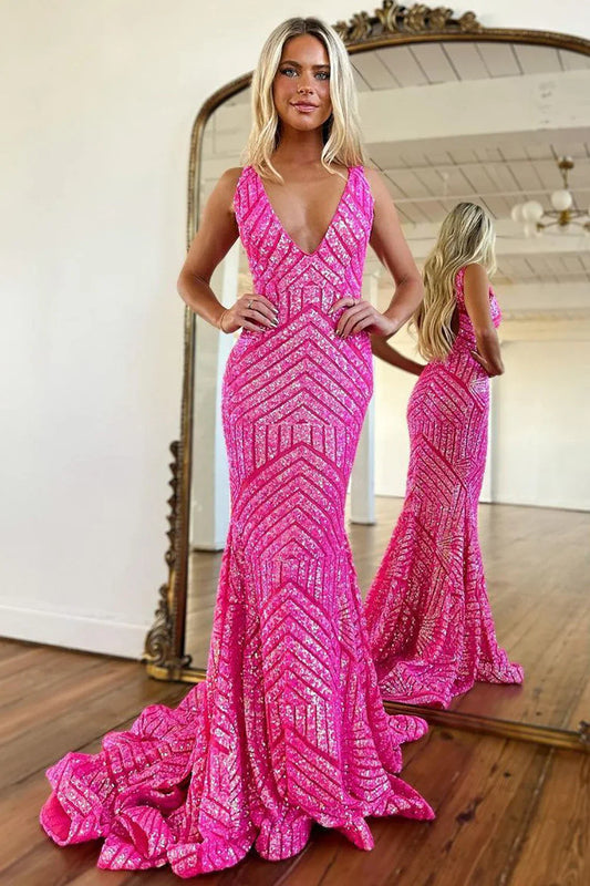 Low V-Neck Backless Mermaid Sparkly Long Party Prom Dress