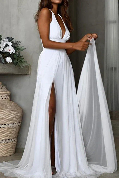 Low V-Neck Halter Backless Chiffon A-Line Wedding Dress