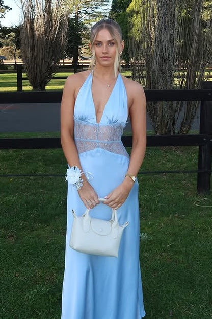 Low V-Neck Halter Backless Sheer Empire Satin A-Line Party Prom Dress