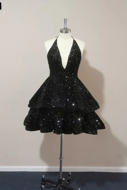 Low V-Neck Halter Sequins Tiered Short Homecoming Dress