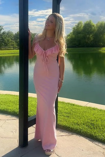Low V-Neck Ruffle Sleeveless Fitted Party Prom Dress