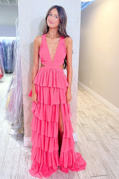 Low V-Neck Sleeveless A-Line Tiered Party Prom Dress With Slit
