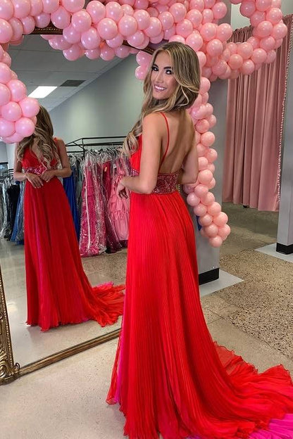 Low V-Neck Sleeveless Beaded Empire A-Line Party Prom Dress