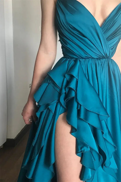 Low V-Neck Spaghetti Straps A-Line Ruffled Party Prom Dress