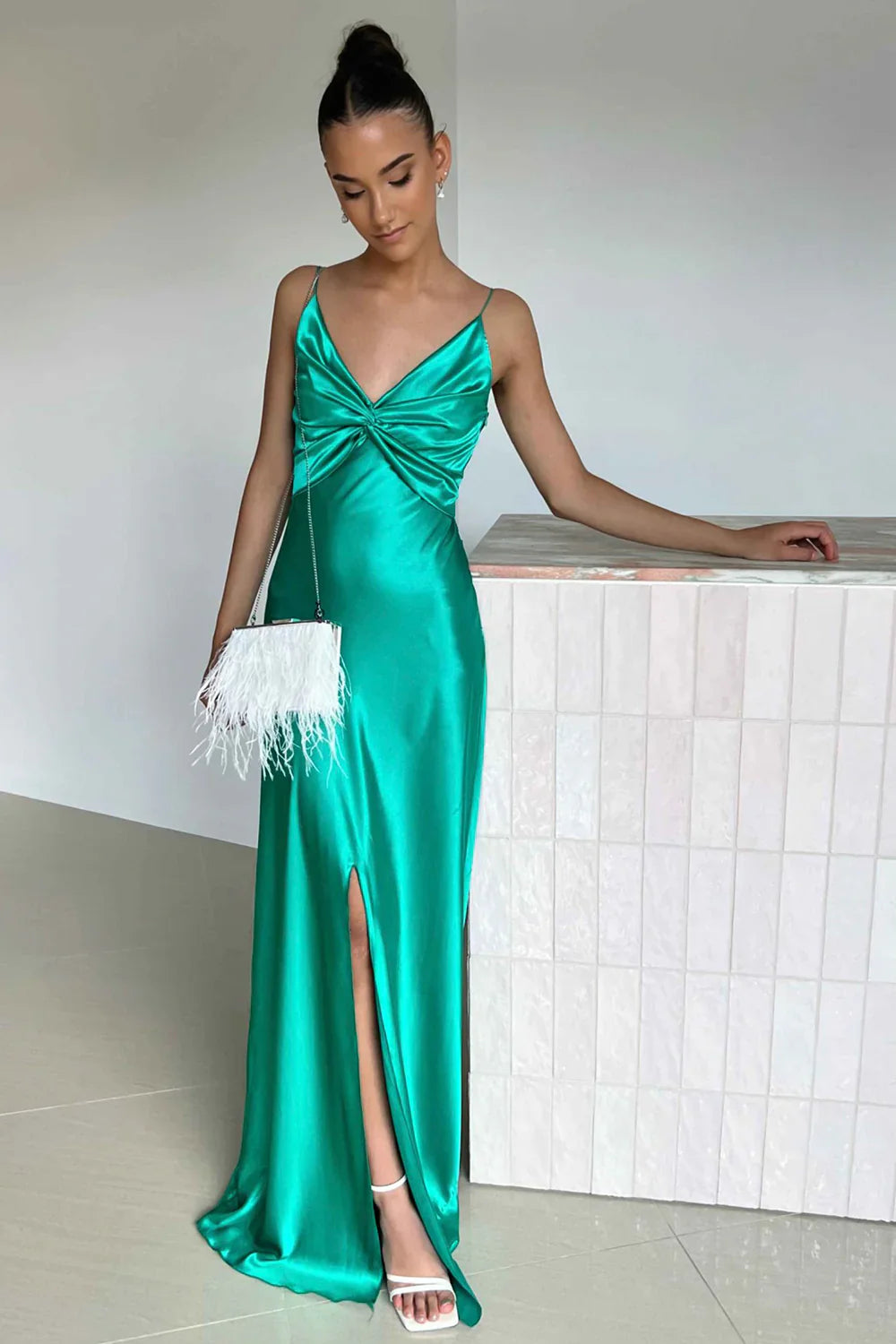 Low V-Neck Spaghetti Straps Satin A-Line Party Prom Dress
