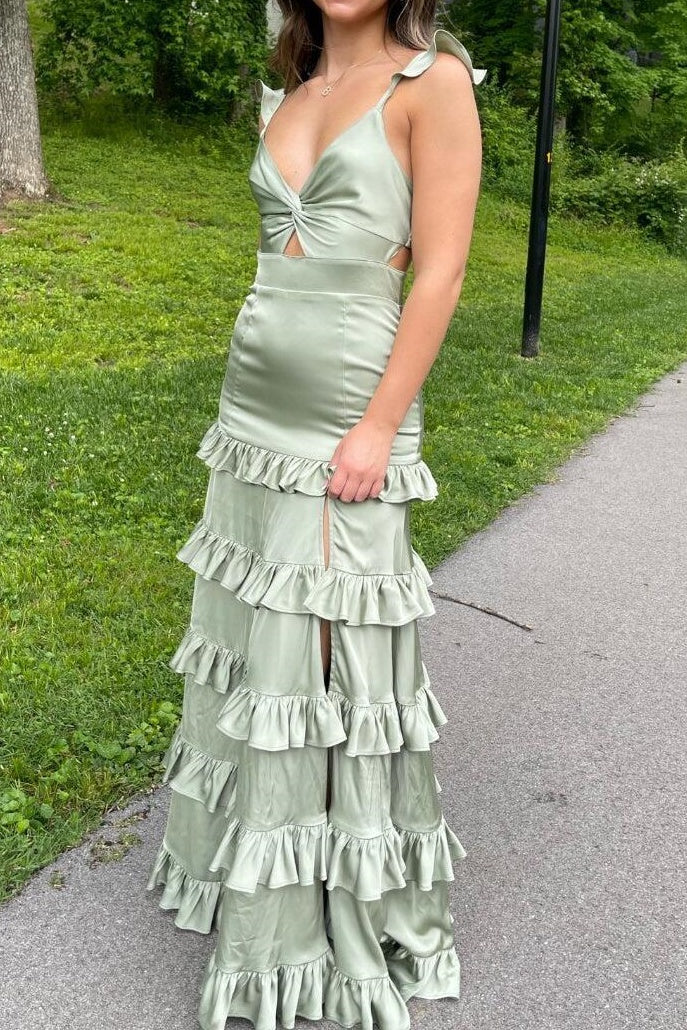 Low V-Neck Spaghetti Straps Tiered Ruffled Bridesmaid/ Prom Dress