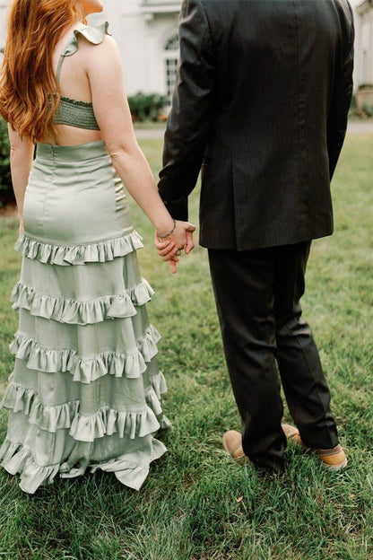 Low V-Neck Spaghetti Straps Tiered Ruffled Bridesmaid/ Prom Dress