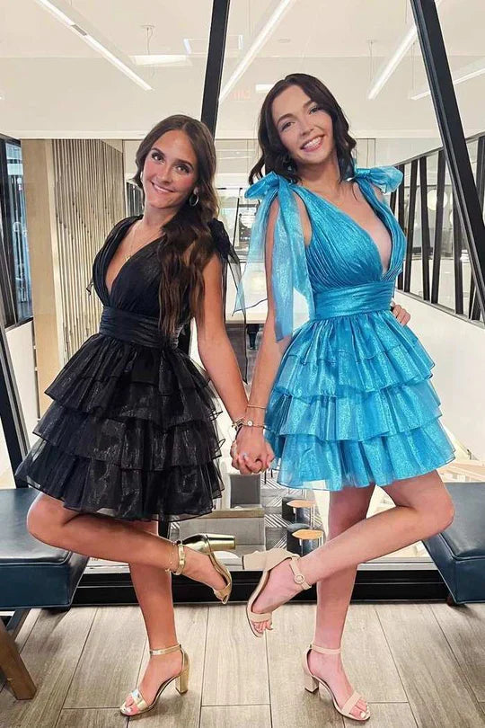 Low V-Neck Straps Backless Tulle A-Line Tiered Homecoming Dress