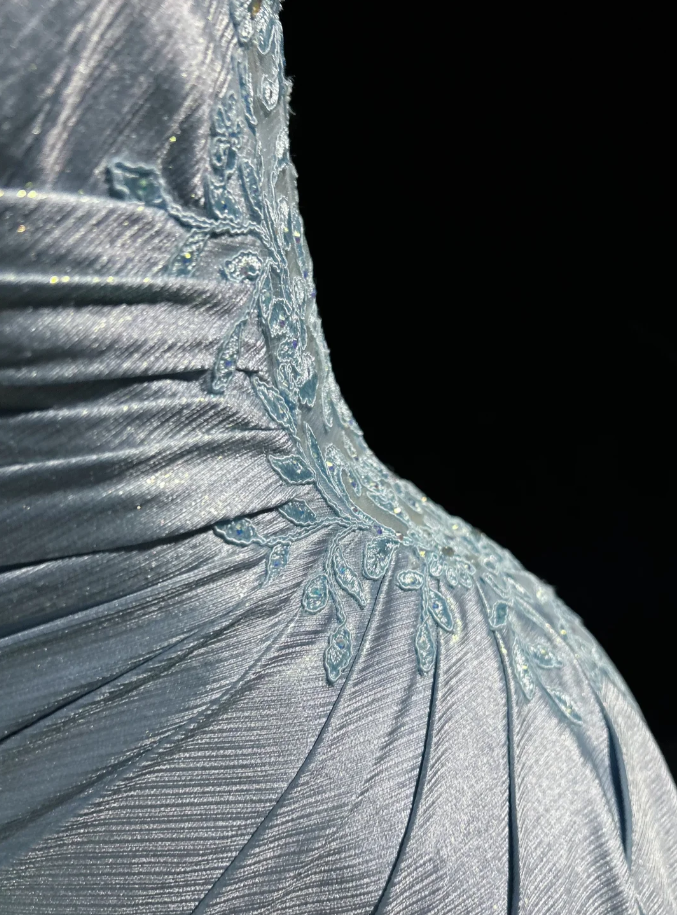 Elegant Spaghetti Straps Blue Satin Appliques Sequin Mermaid Long Wedding Guest Dress Evening Dress D1846