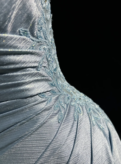 Elegant Spaghetti Straps Blue Satin Appliques Sequin Mermaid Long Wedding Guest Dress Evening Dress D1846