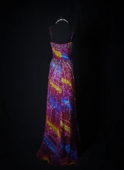 Unique V Neck Purple Spaghetti Straps Chiffon Beaded Mermaid Long Party Dress Evening Gown D2262