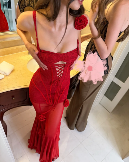 Sexy Mermaid Spaghetti Strap Flower Tulle Party Dress Evening Dress SH3353