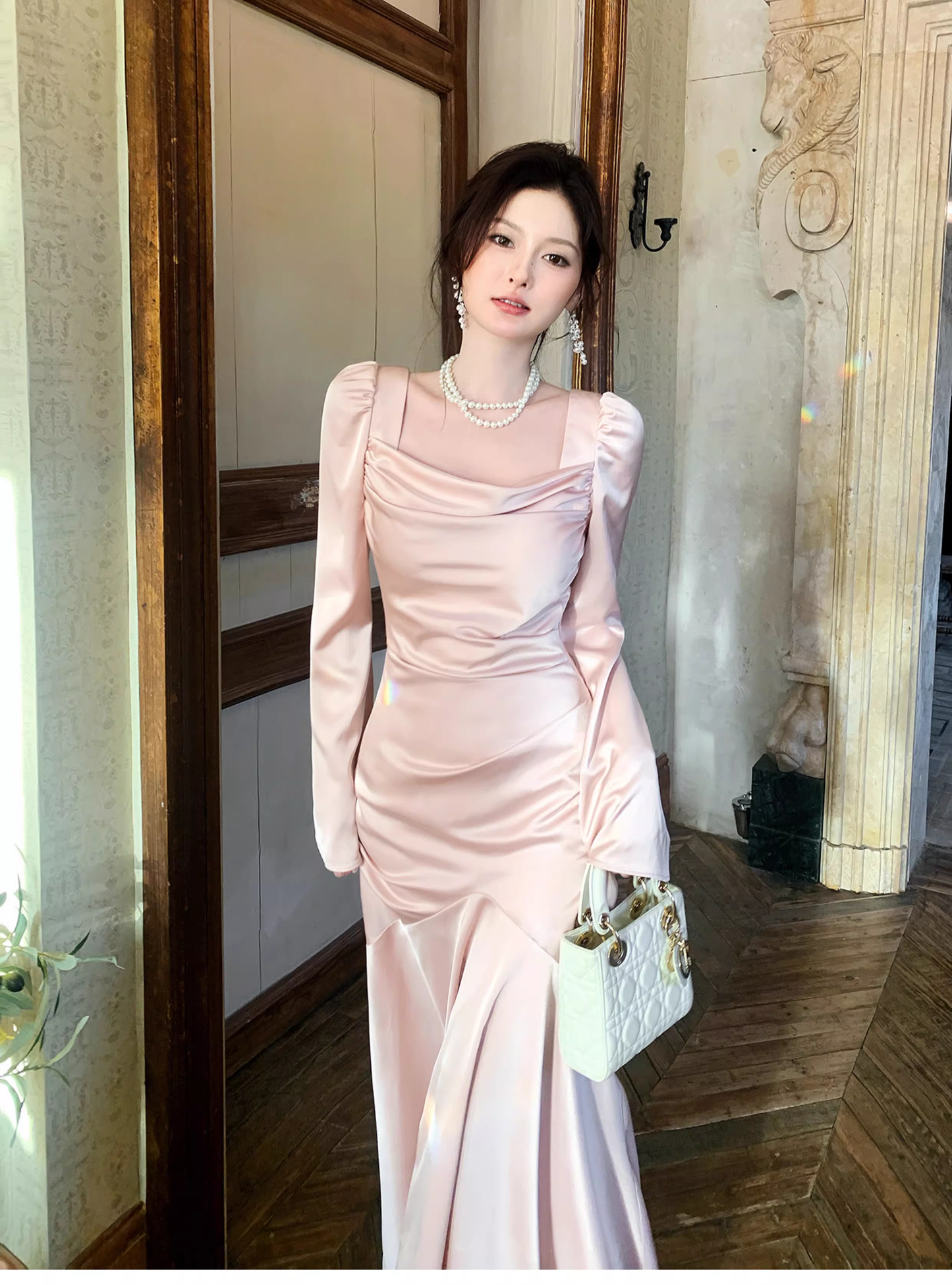 Sweet Pink Satin Mermaid Long Wedding Guest Dress Formal Evening Dress Prom Gown SP1649