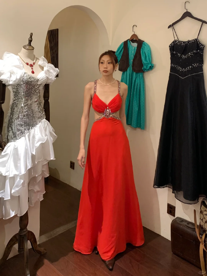 Vintage A Line Spaghetti Strap Red Beaded Sequin Chiffon Long Open Back Prom Dress Evening Dress SH2972