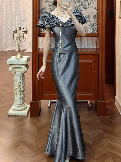 Vintage Unique Mermaid V Neck Grey Satin Long Prom Dress SH5172
