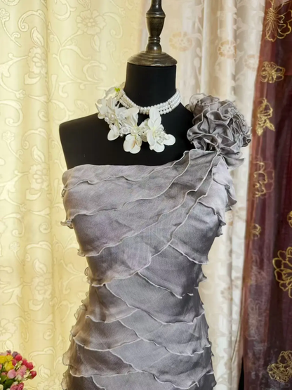 Vintage One Shoulder Gray Chiffon Sheath Cocktail Dress Formal Graduation Homecoming Dress D454