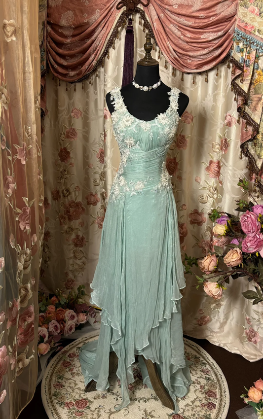 Gentle Blue A Line Straps White Appliques Chiffon Prom Dress Cocktail Dress SH3743