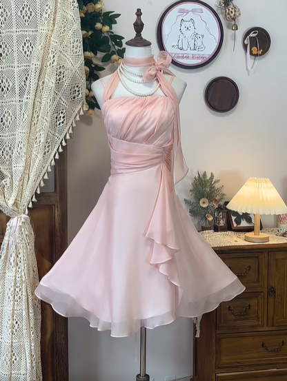 Cute Flouncing Fold Pink Halter Empire Dress Sweet 16  Party Dress  D1744