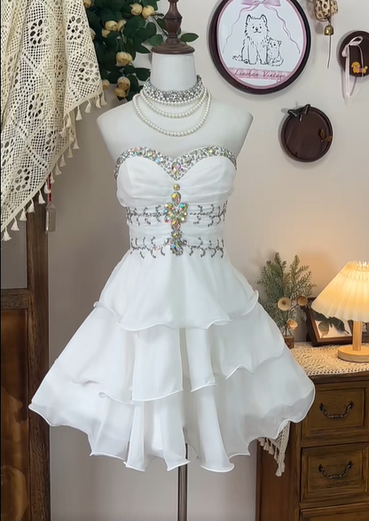 Cute Sleeveless Sweetheart Neckline Swarovski Crystal Layered Ruffles Party Dress Homecoming Dress  D1747