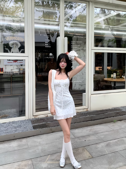 Cute A Line Spaghetti Straps Lace-up Flower Sheath  Seaside Mini Skirt Homecoming Dress Party Dress  D1800