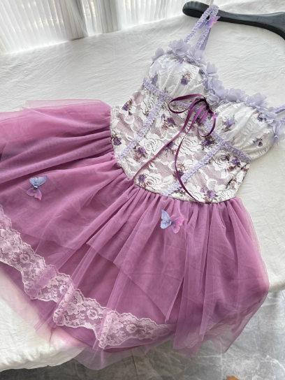 Cute Spaghetti Straps Lace Pleated Tulle Butterfly Summer Dress Women Dress   D1900
