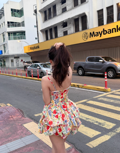 Colorful Spaghetti Straps Floral Pleated Short Skirt Women Summer Date Dress  D1909