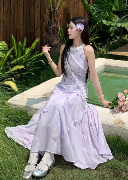 Elegant Halter Lace Flower Long Women Dress Dating Dress Summer Seaside Dress  D1919