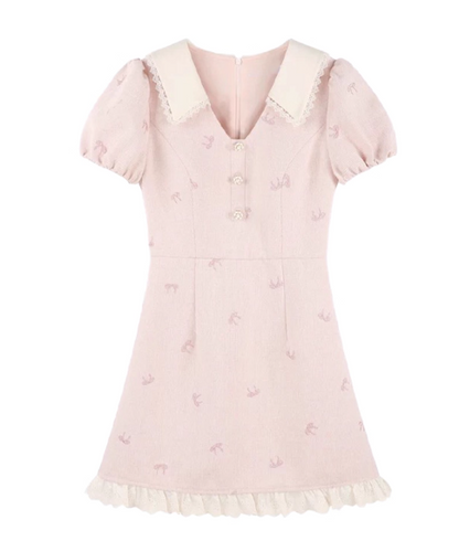 Cute A Line V-neck Bowknot Pleated Casual Dress Short Women Skirt Summer Date Dress  D1924