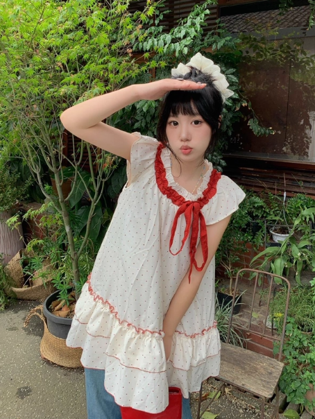 Cute Polka Dots Lace-up Pleated Ruffle Short Women Dress Sweet Dress Date Dress  D1925