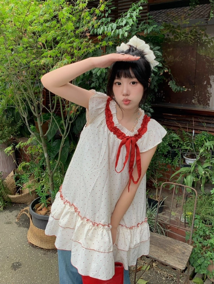 Cute Polka Dots Lace-up Pleated Ruffle Short Women Dress Sweet Dress Date Dress  D1925
