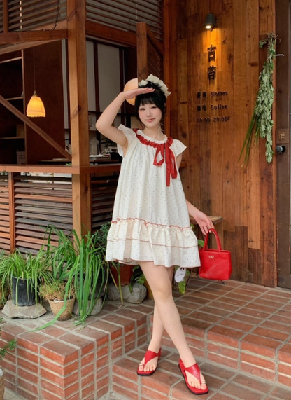 Cute Polka Dots Lace-up Pleated Ruffle Short Women Dress Sweet Dress Date Dress  D1925