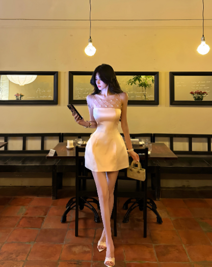Elegant A Line Crew Neck Beading Tulle Short Party Skirt Women Summer Vacation Seaside Date Dress D1952